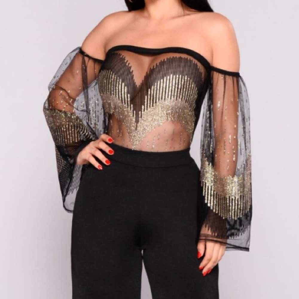 Off the shoulder mesh bodysuit (black and gold )